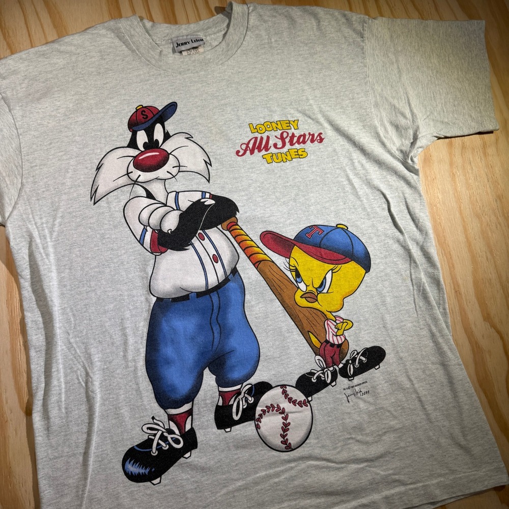 Jerry Leigh Men's Looney Tunes All Stars Baseball Grey Graphic Tee Vintage OSFA